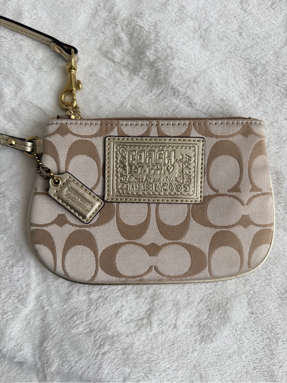 Coach Beige and Gold Signature Canvas Wristlet